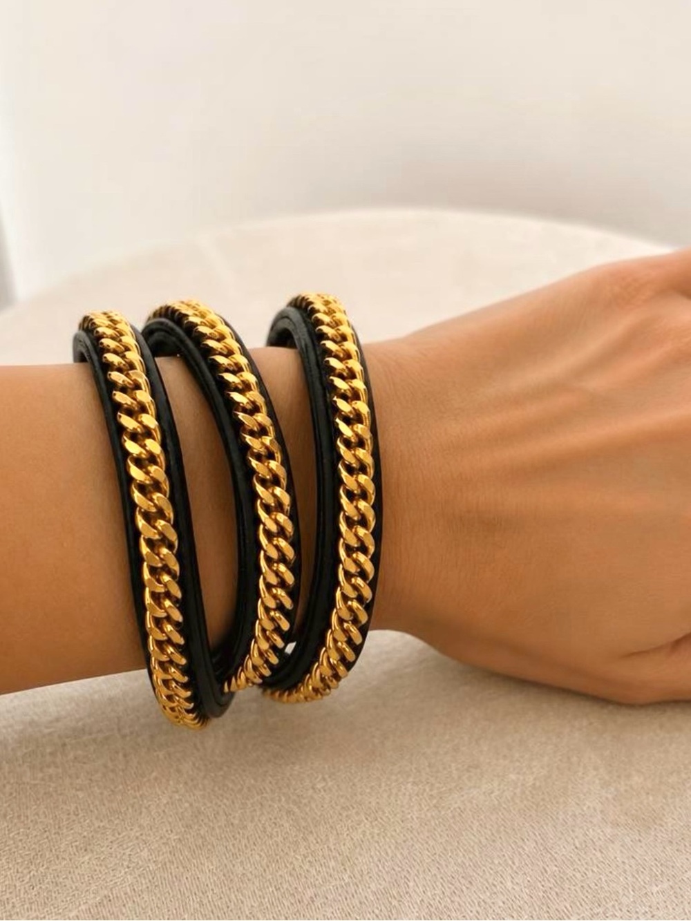 Vita Fede NWOT leather & gold chain wrap bracelet, black, snap closure, 22.5”